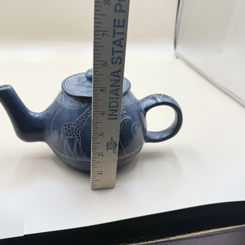 Afrian Soap Stone Tea Pot Etched Hand Painted Giraffe Safari Navy Kitchen